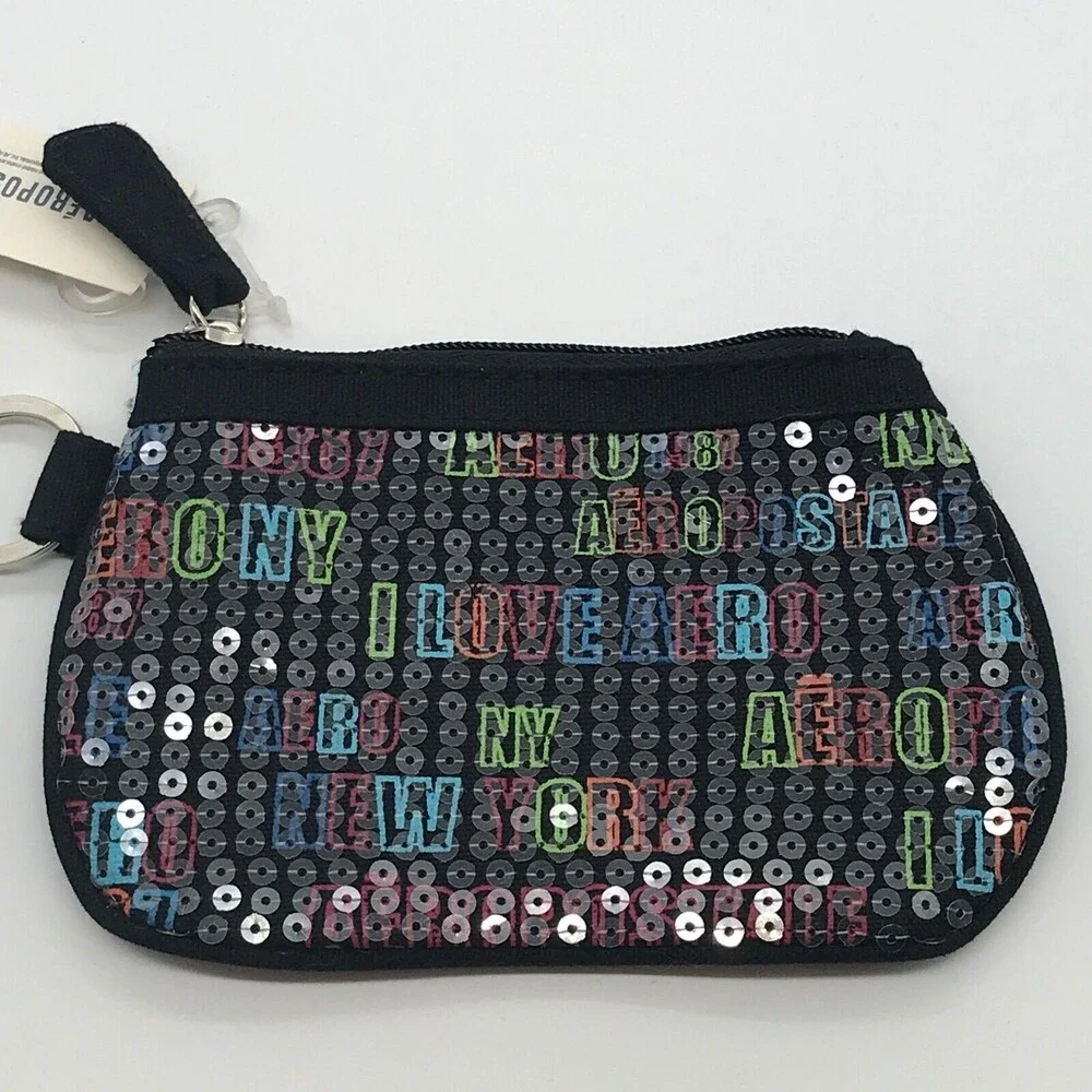 Aéropostale Makeup Bag Black Sequined I Love Aero Zippered Cosmetic Pouch NWT